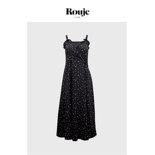 【现货】Rouje Life Lisa同款黑色碎花吊带连衣裙高腰露背长裙女