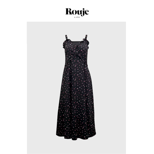 【现货】Rouje Life Lisa同款黑色碎花吊带连衣裙高腰露背长裙女