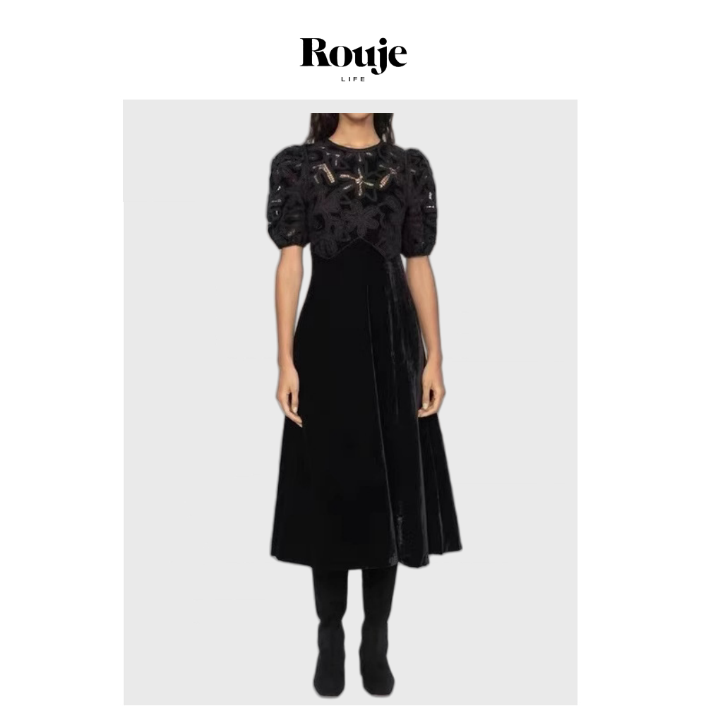 【现货】Rouje Life明星私服 天鹅绒长裙 早春黑色镂空丝绒连衣裙