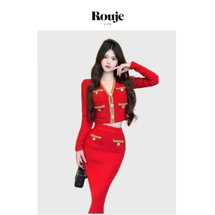 Life法式 Rouje 小香风红金边钻饰V领针织外套半身裙套装 现货