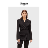 外套 Life黑色小众西服羊毛双排扣斜襟垫肩休闲西装 现货 Rouje