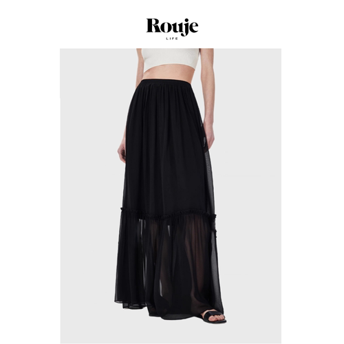 【现货】Rouje Life欧美小众桑蚕丝飘逸微透网纱拼接松紧腰长半裙