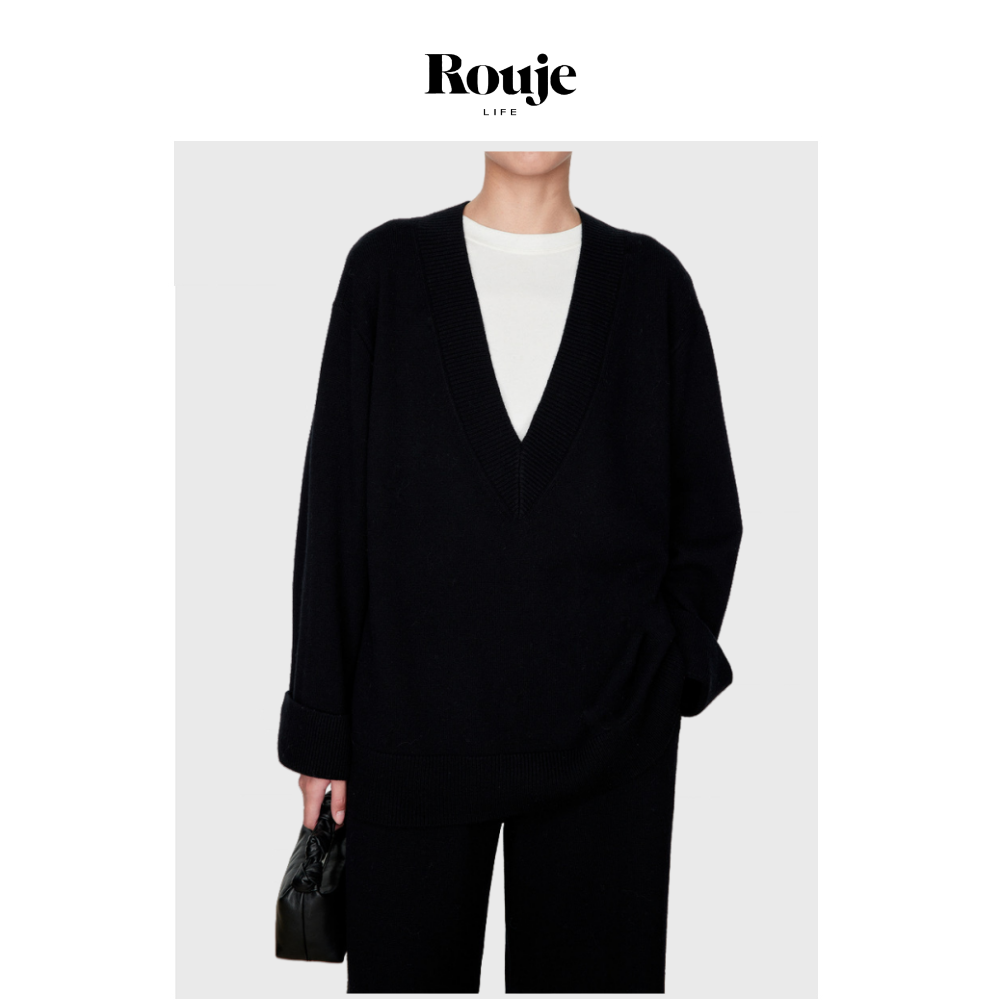 【现货】Rouje Life小众极简羊毛衫大V领上衣慵懒针织衫灰色毛衣