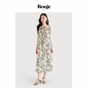 【现货】Rouje Life天丝亚麻国风水墨印花宽松圆领度假无袖连衣裙