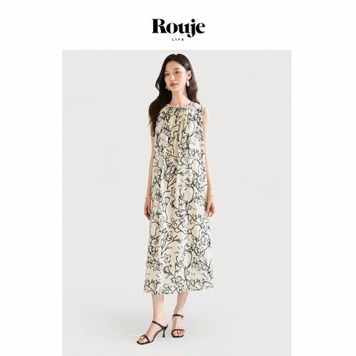 【现货】Rouje Life天丝亚麻国风水墨印花宽松圆领度假无袖连衣裙