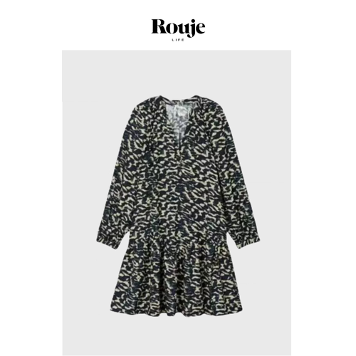 【现货】Rouje Life 暗夜豹纹连衣裙 24早秋进口人丝印花长袖短裙