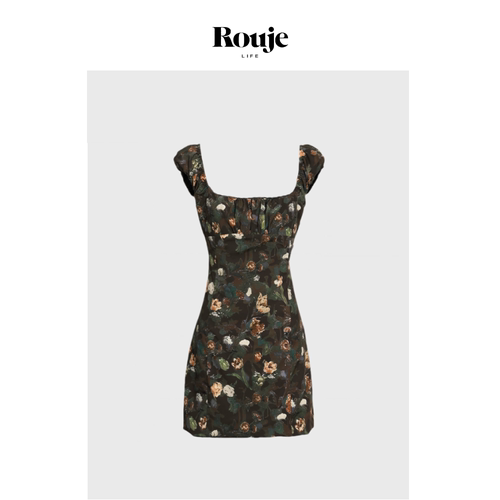 【现货】Rouje Life郑雅娴同款涂鸦印花修身连衣裙复古碎花短裙