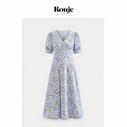 【现货】Rouje Life夏季法式印花V领收腰短袖茶歇裙高腰A摆连衣裙
