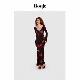 【现货】Rouje Life法式连衣裙黑碎花长袖斜裁玫瑰印花长裙连衣裙