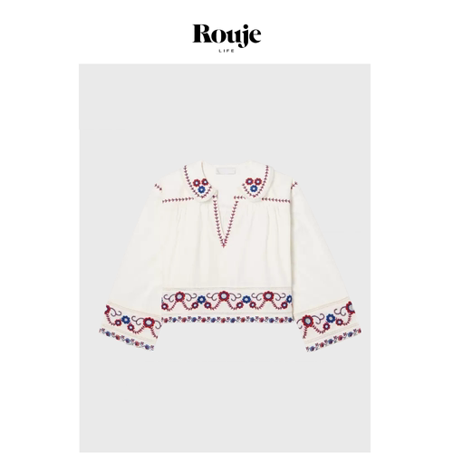 【现货】Rouje Life复古民族风花边刺绣V领棉质娃娃衫衬衫女上衣