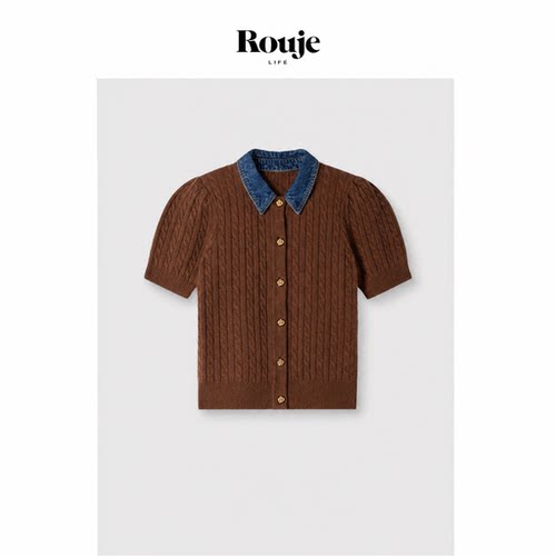 【现货】Rouje Life元2色！法S翻领针织衫秋牛仔拼接绞花羊毛上衣