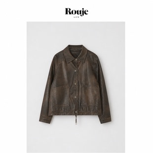 【现货】Rouje Life皮衣翻领复古外套女流行短款抽绳港风夹克上衣