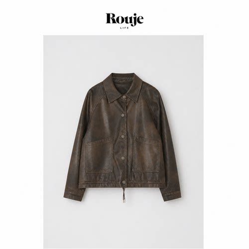 【现货】Rouje Life皮衣翻领复古外套女流行短款抽绳港风夹克上衣