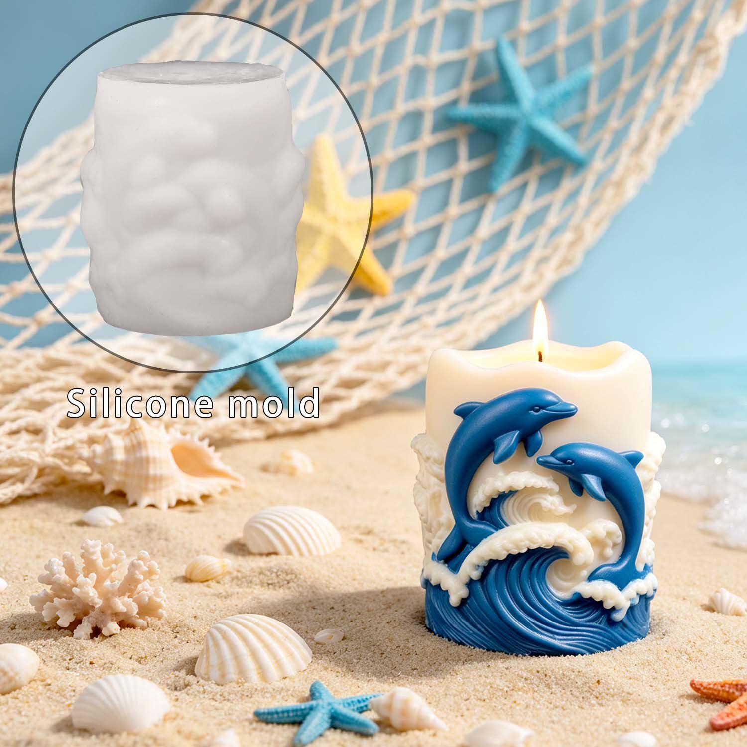 立体海豚浪花圆柱蜡烛硅胶模具di