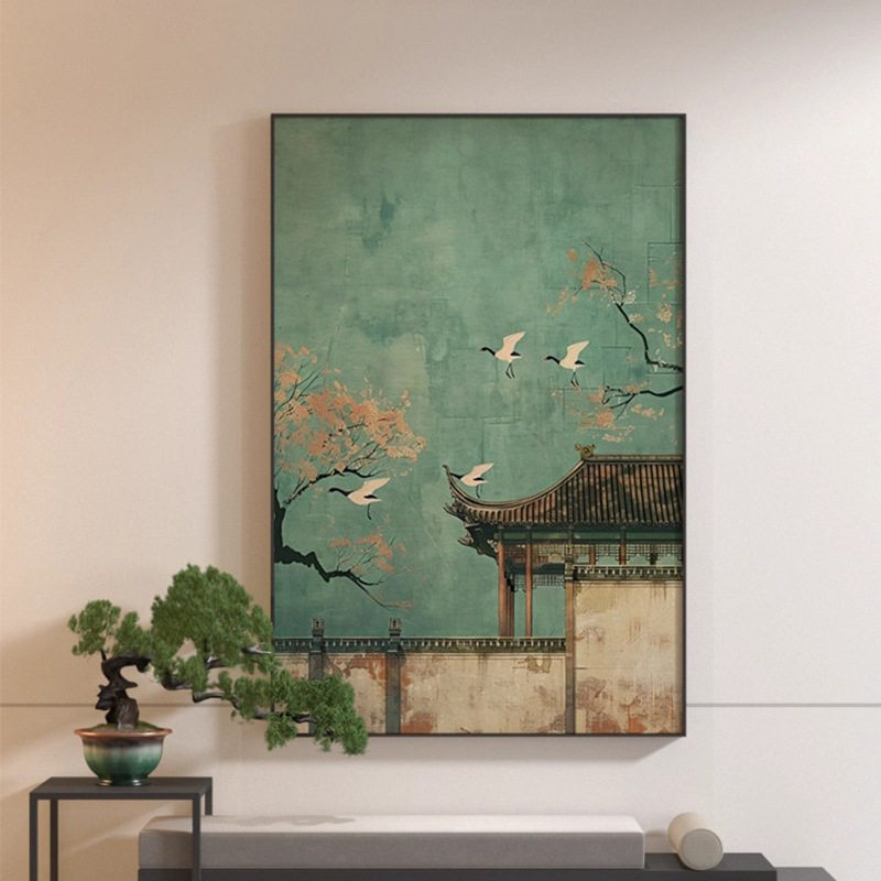 新中式禅意绿色中国风楼阁仙鹤古典客厅装饰画玄关壁画竖版挂画