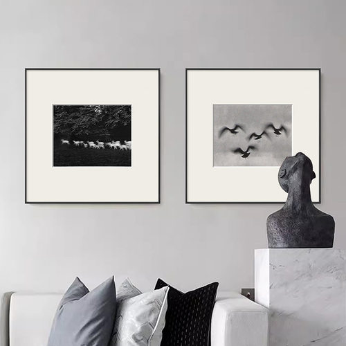 夜幕现代黑白装饰画简约艺术风景挂画客餐厅羊群飞鸟墙画卡纸壁画