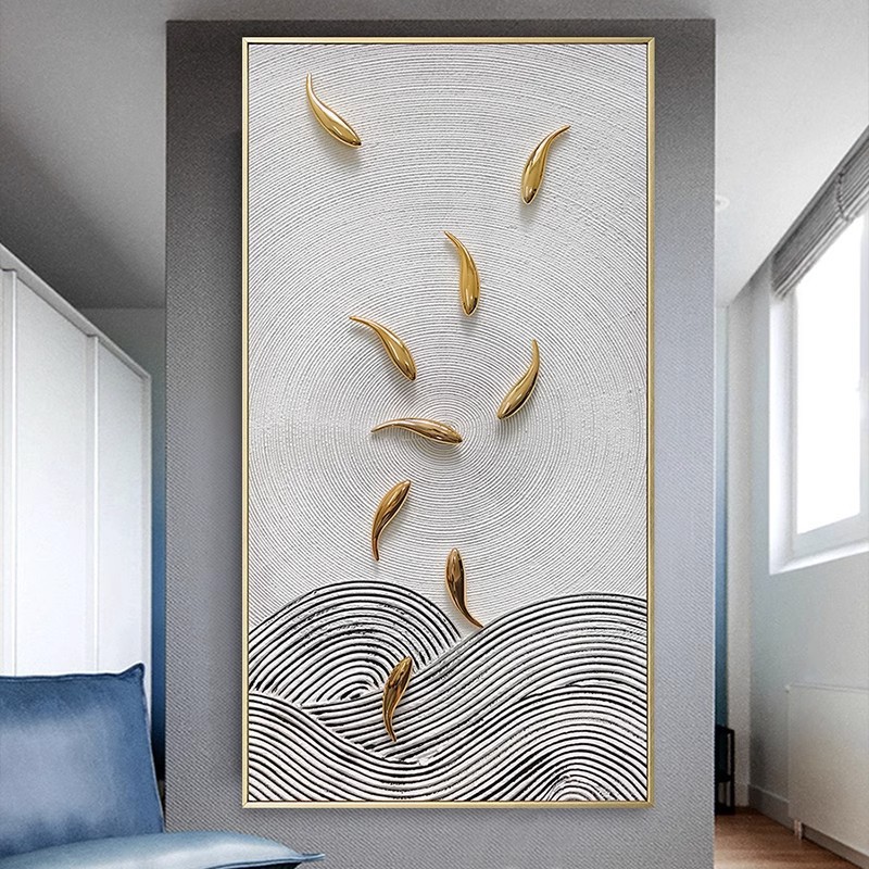 手绘油画轻奢风玄关装饰画竖版走廊壁画大幅九鱼图客厅装饰画挂画