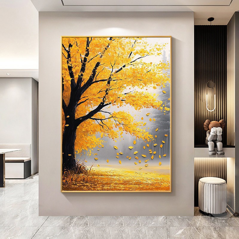 发财树纯手绘大芬村油画入户玄关肌理装饰画客厅沙发背景墙落地画