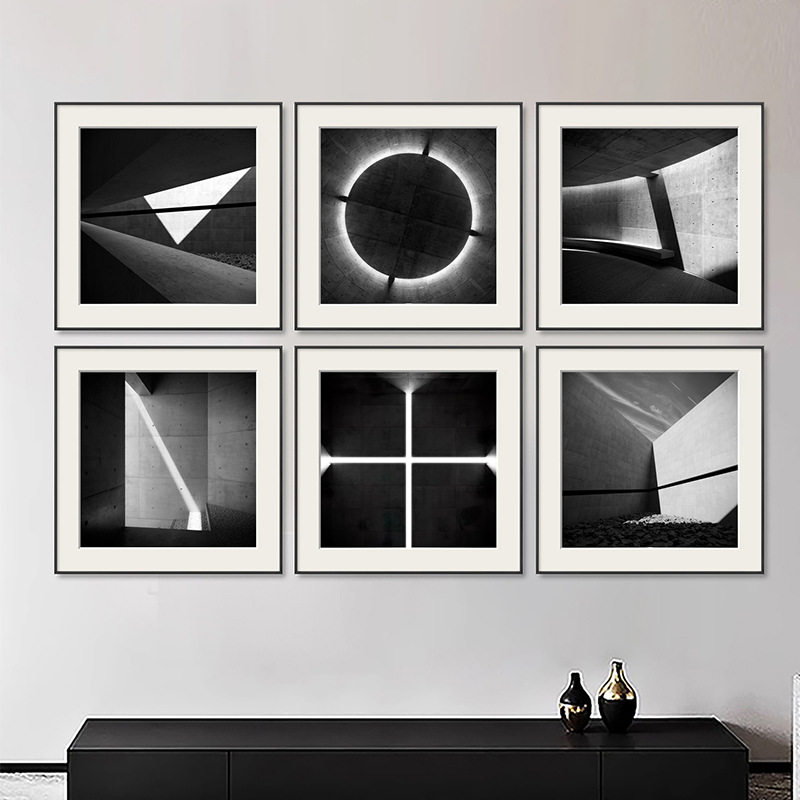 安藤忠雄黑白现代建筑摄影装饰画组合挂画壁画客厅沙发背景墙摆画图片