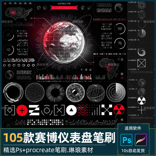 赛博仪表盘ps笔刷procreate笔刷电子科技感未来炫酷数据分析素材