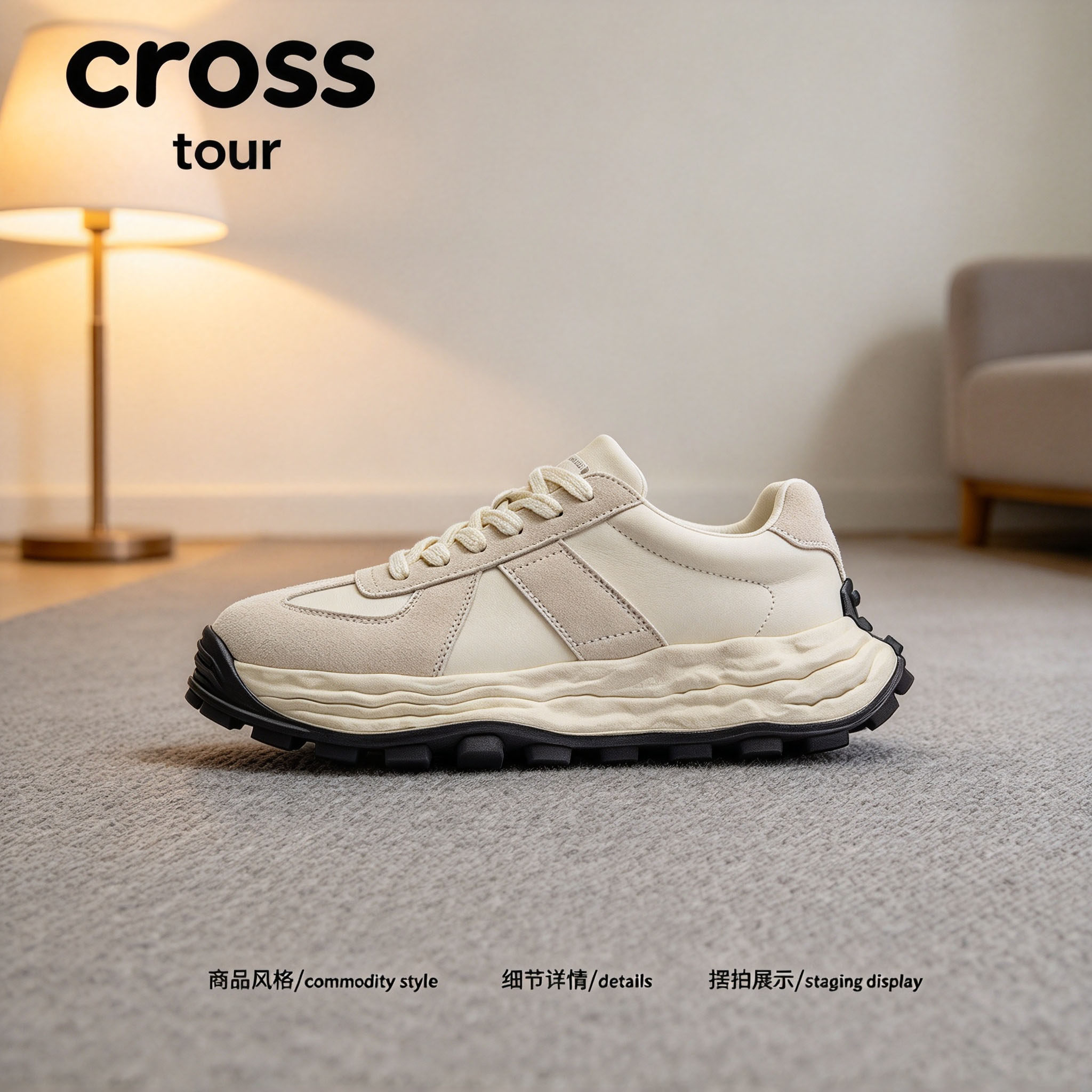 Cross tour米白色拼接厚底复古溶解鞋合成革防滑耐磨系带低帮男鞋