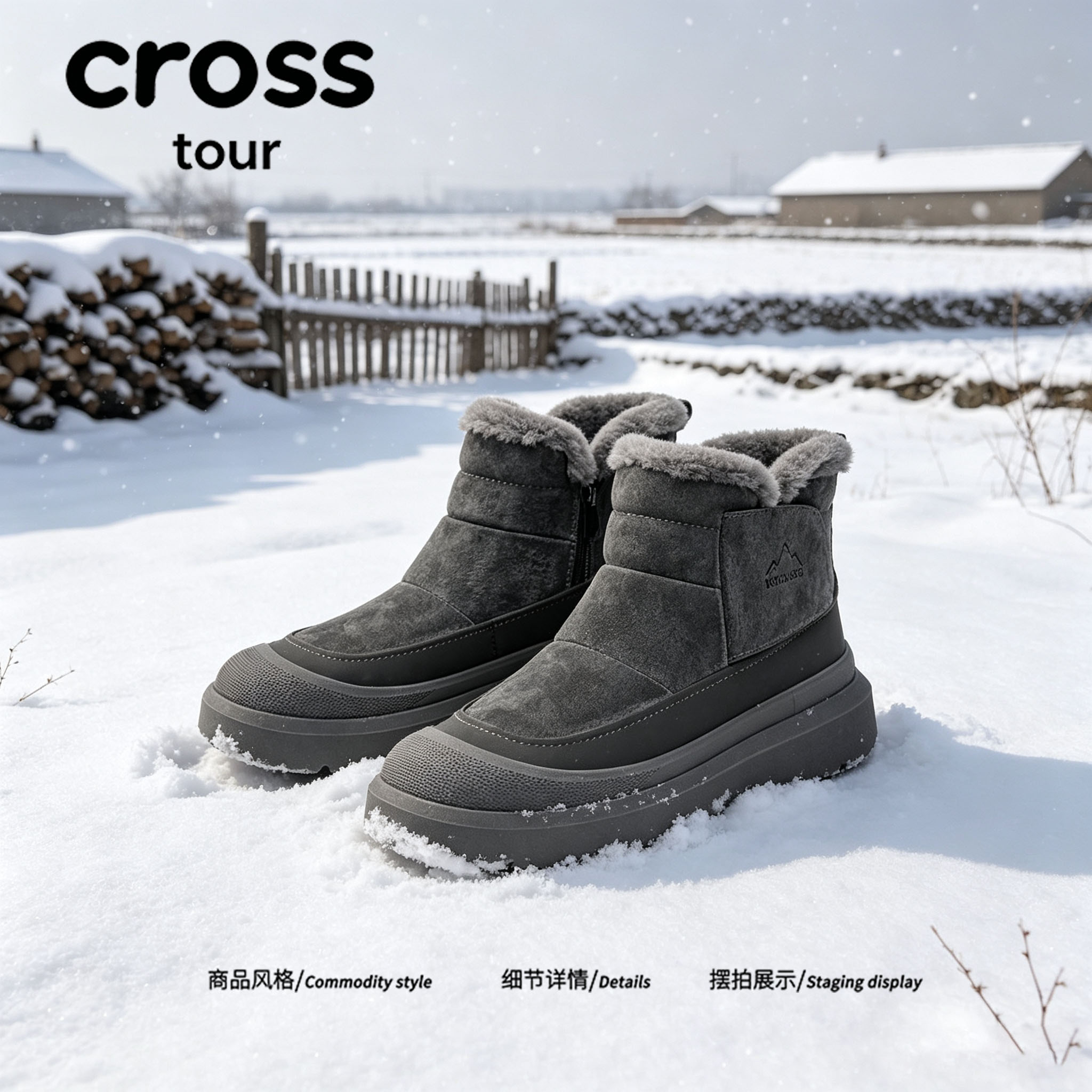 【御风暖足】Cross tour厚底防滑雪地靴绒面保暖抗寒短筒雪地棉鞋
