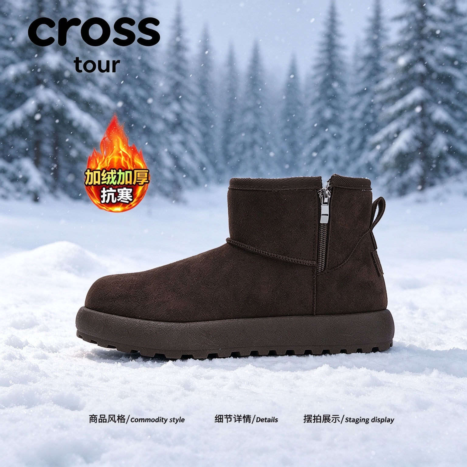 【清履朗润】Cross tour时尚厚底雪地短靴绒面加绒加厚抗寒拉链款