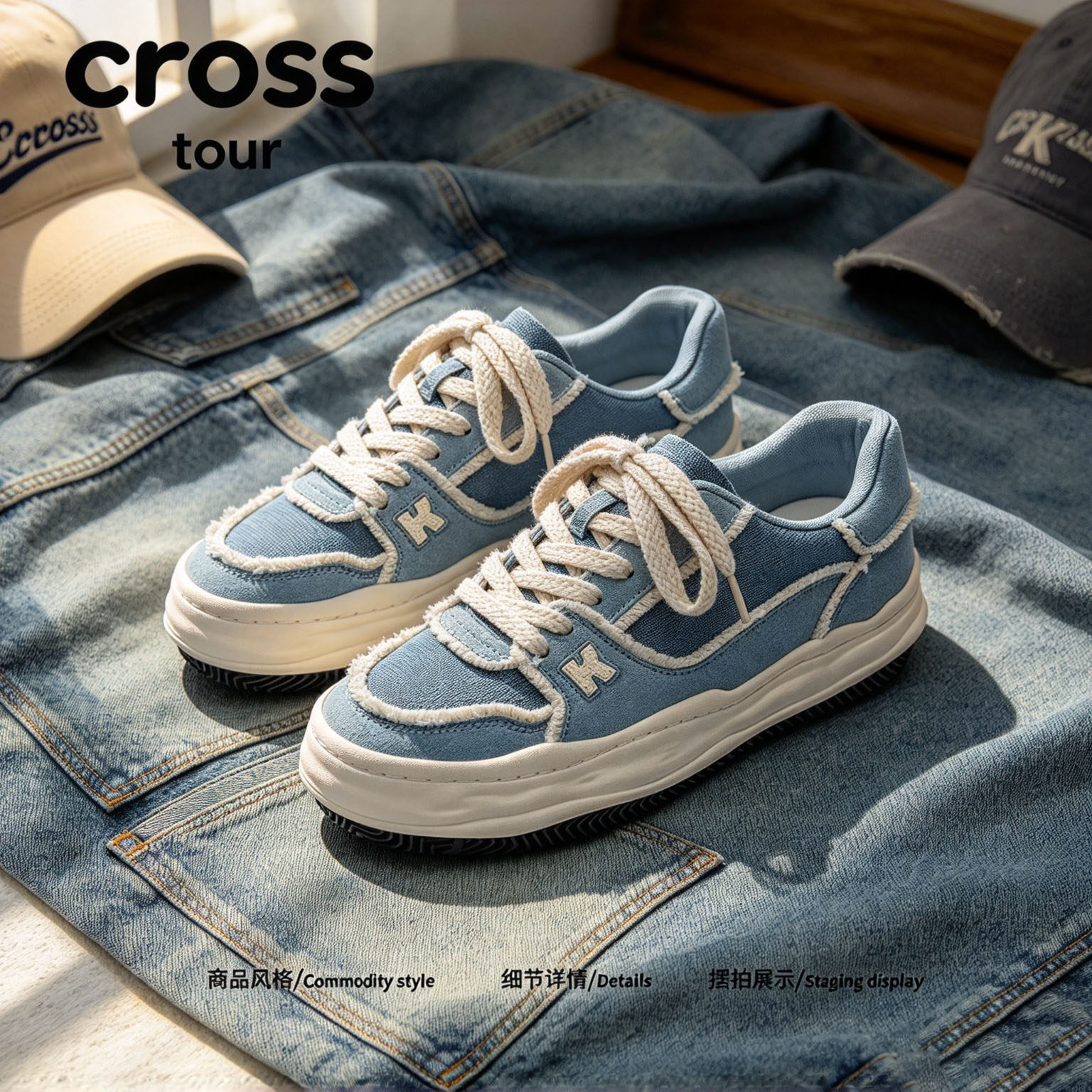 【疏质潜辉】Cross tour牛仔蓝毛边厚底休闲板鞋牛仔布透气帆布鞋