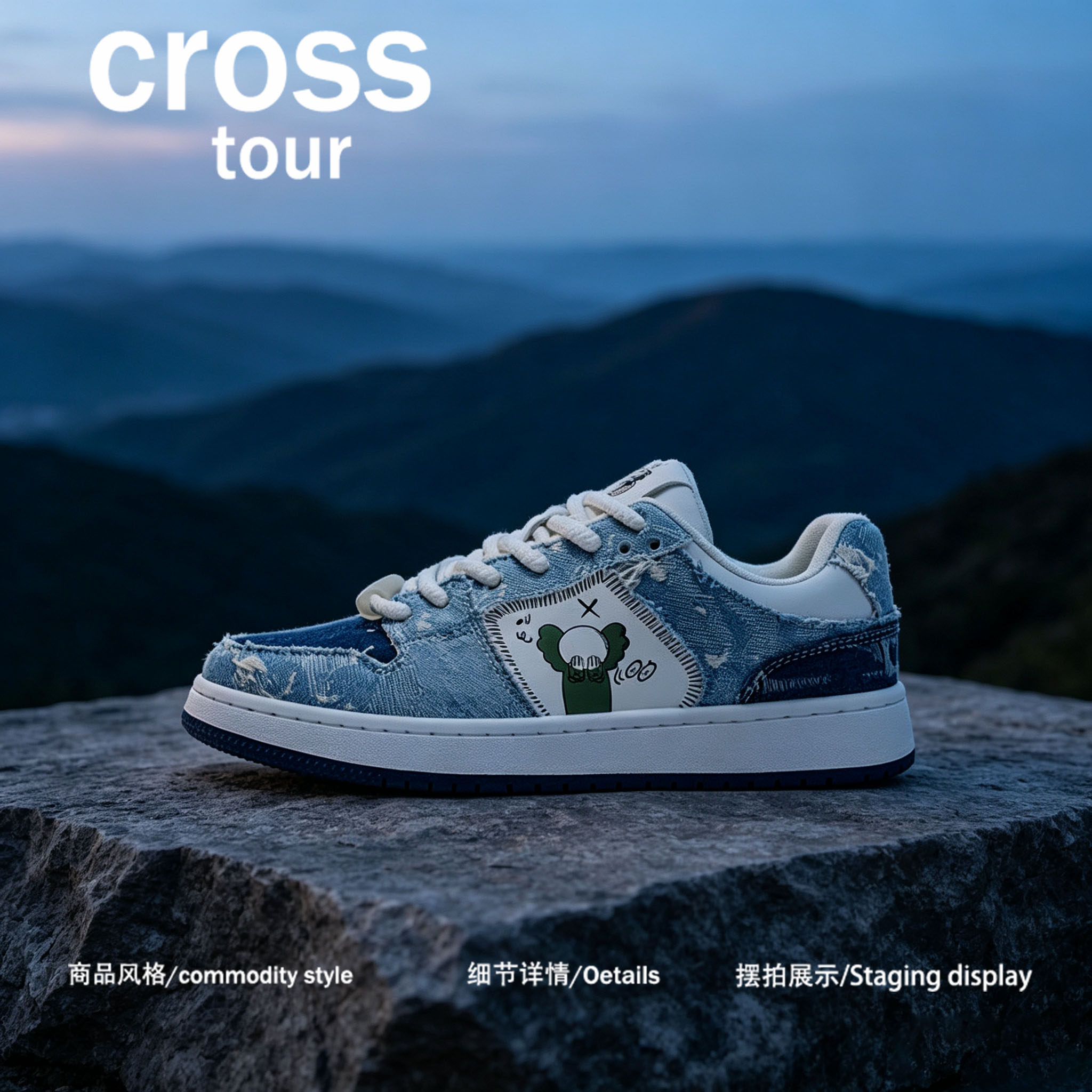 Cross tour蓝色个性复古做旧橡胶底板鞋牛仔面料防滑耐磨低帮男鞋