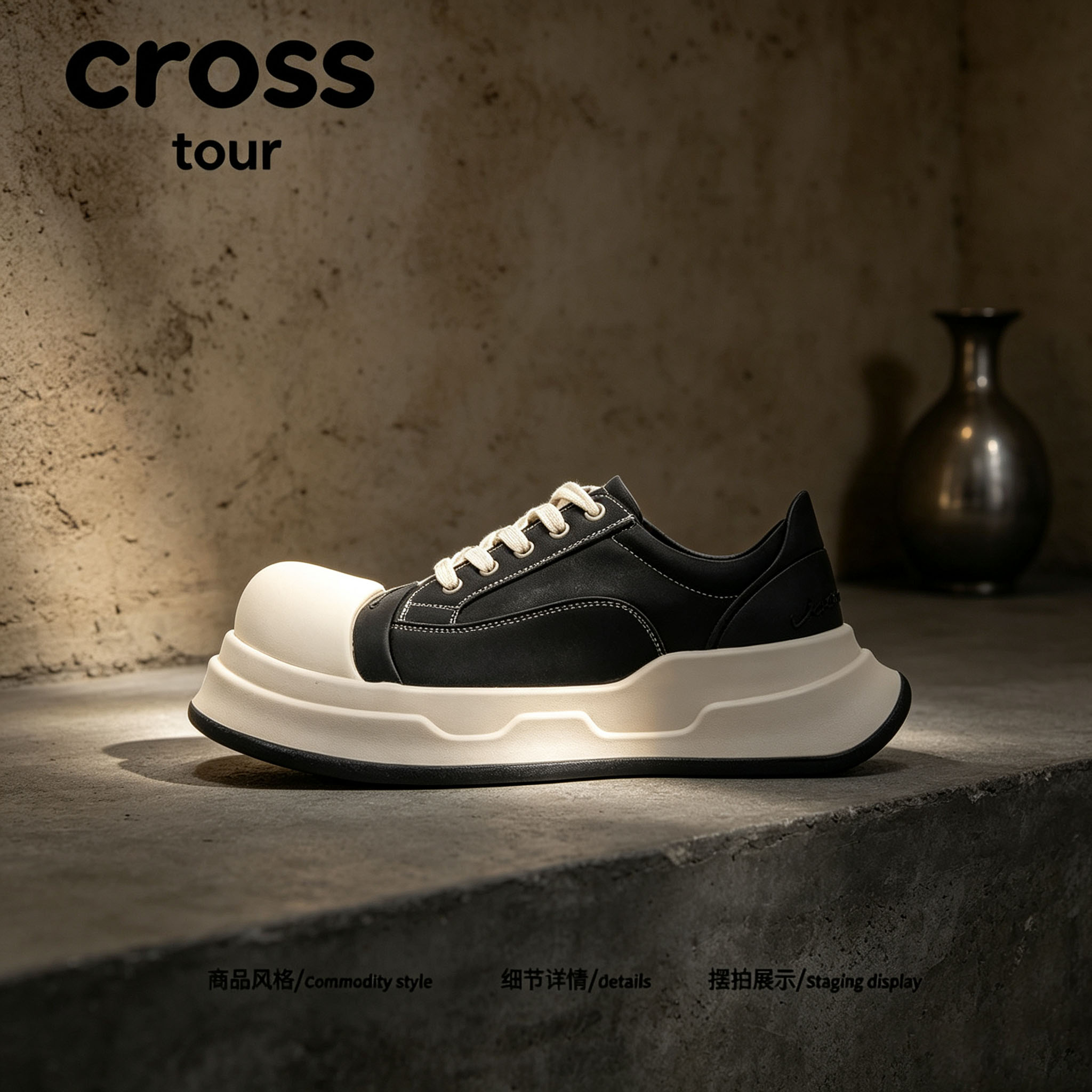 【质感天成】Cross tour复古拼色厚底大头磨砂耐磨圆头系带低帮鞋