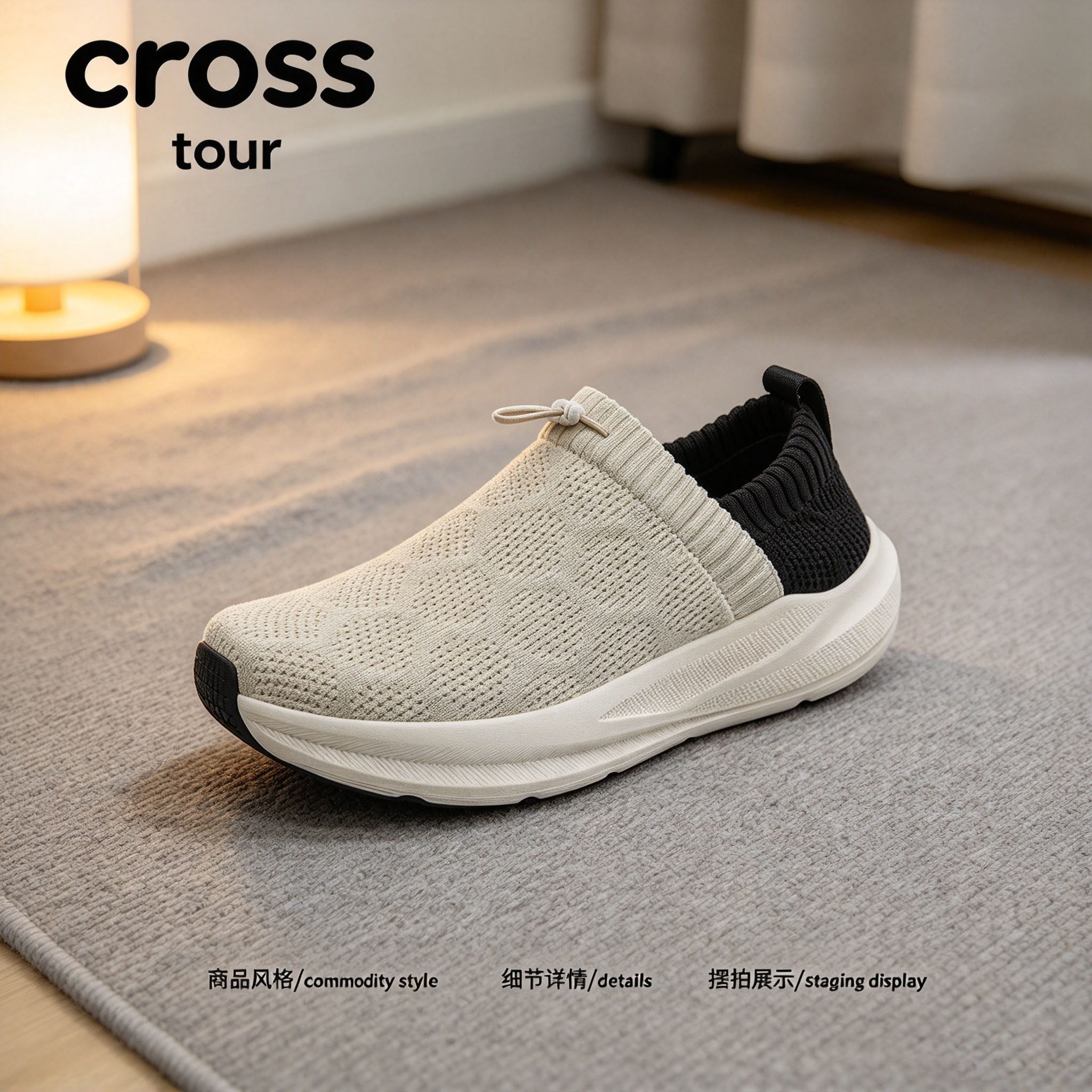 Cross tour米黑色针织厚底防滑休闲飞织透气舒适轻便套脚懒人男鞋