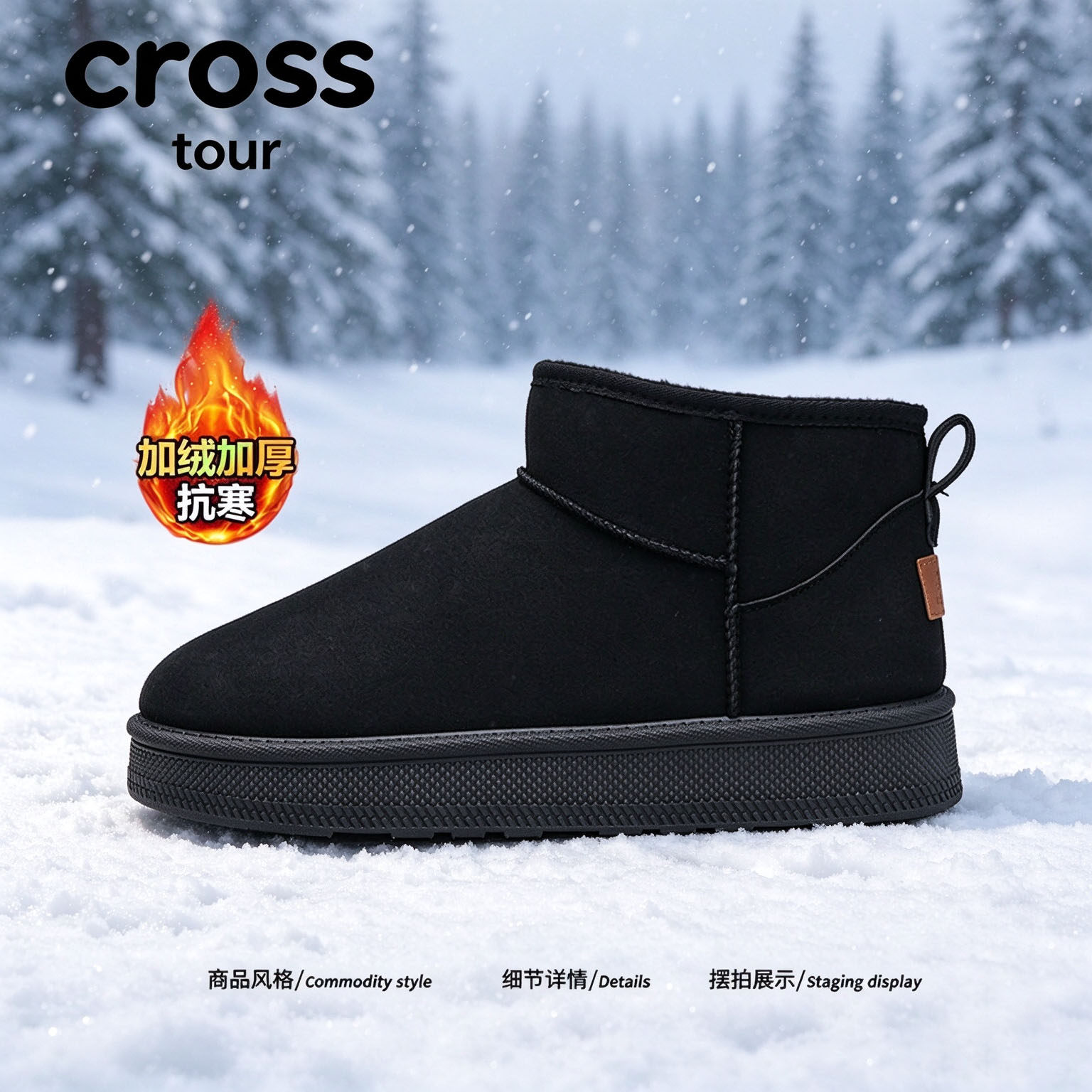 【鞋底柔韧】Cross tour简约休闲厚底雪地靴加绒加厚抗寒暖短筒鞋