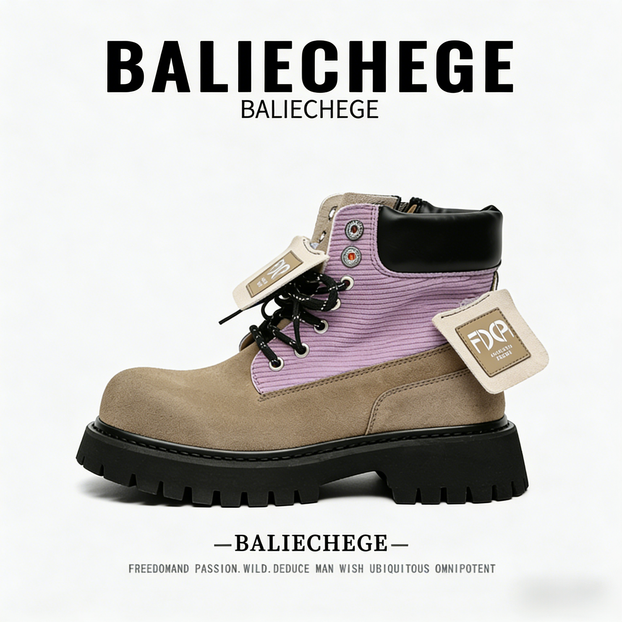【法国BALIECHEGE专柜】英伦二层牛皮2025年秋短筒系带紫色马丁靴