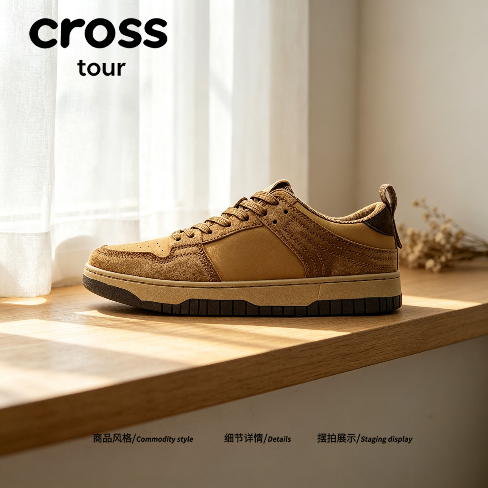 【简约低奢】Cross tour棕黄拼接软橡胶底休闲板鞋耐磨低帮板鞋
