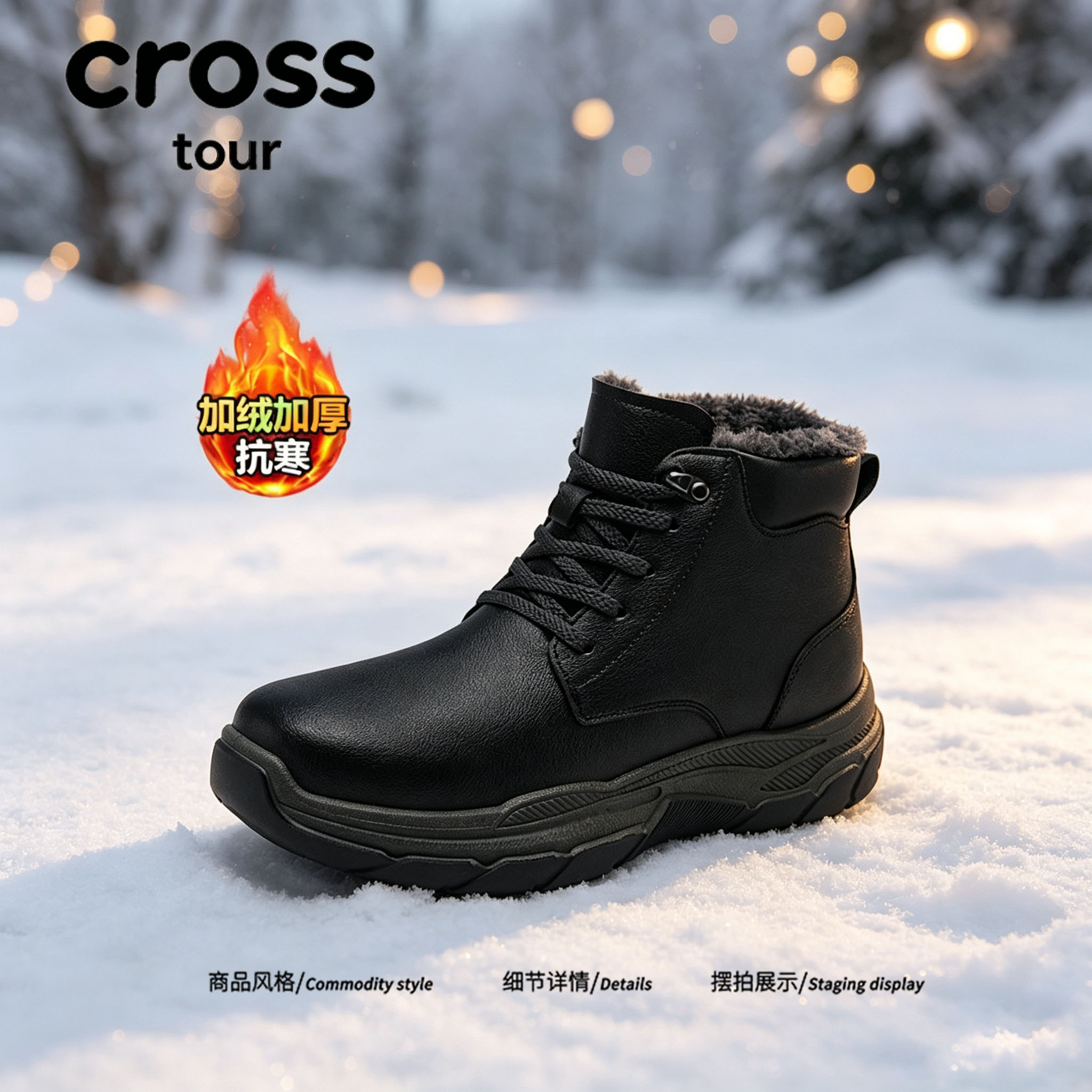 【纯色净雅】Cross tour简约休闲防滑耐磨厚底高帮休闲皮革棉鞋