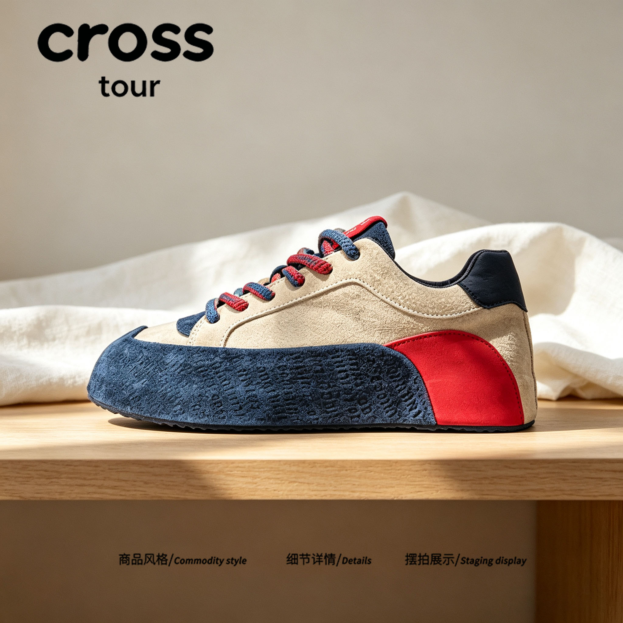 【休闲出片】Cross tour米蓝红复古厚底耐磨休闲板鞋圆头低帮潮鞋