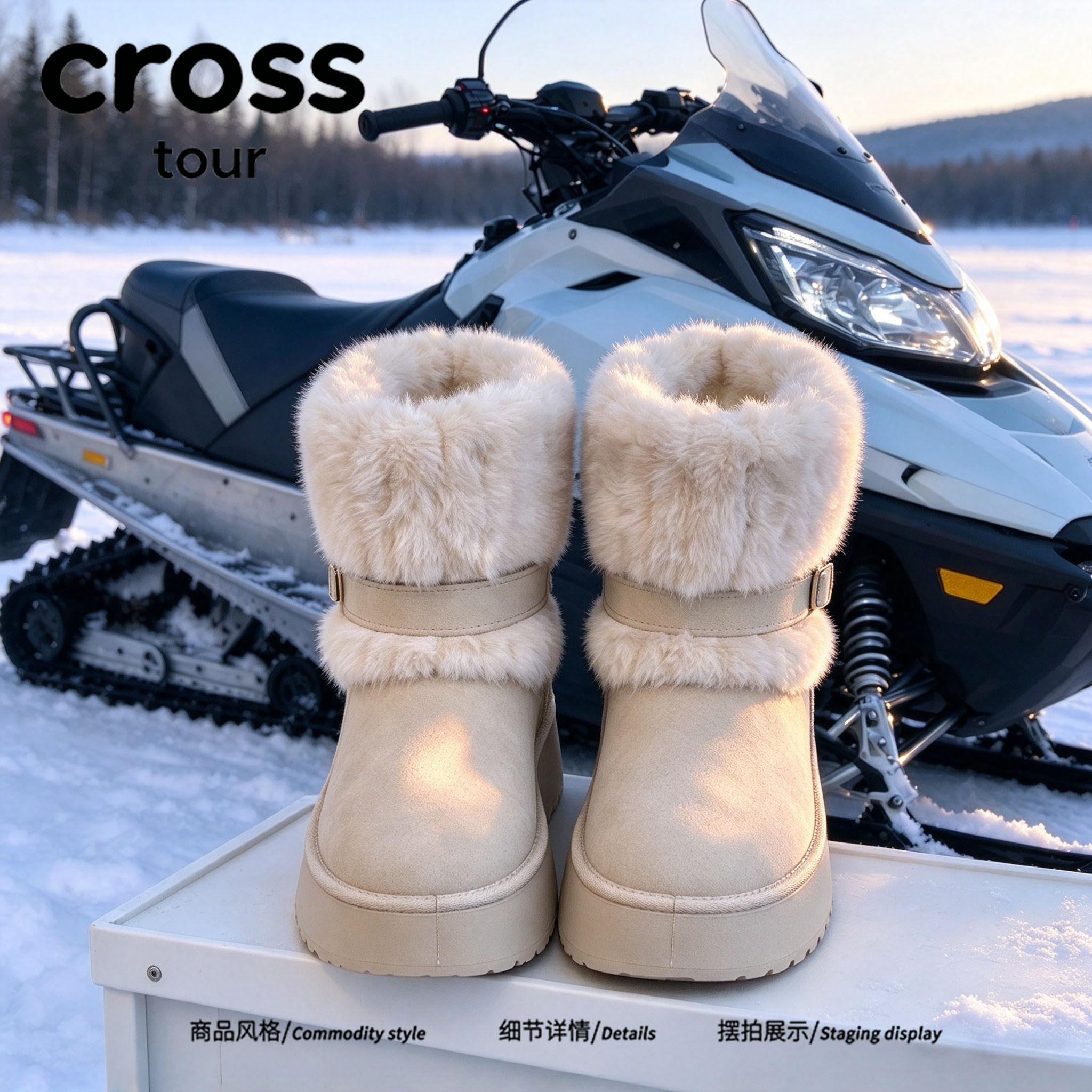 【暖裹双足】Cross tour米白加绒加厚中筒雪地靴保暖舒适高帮单鞋