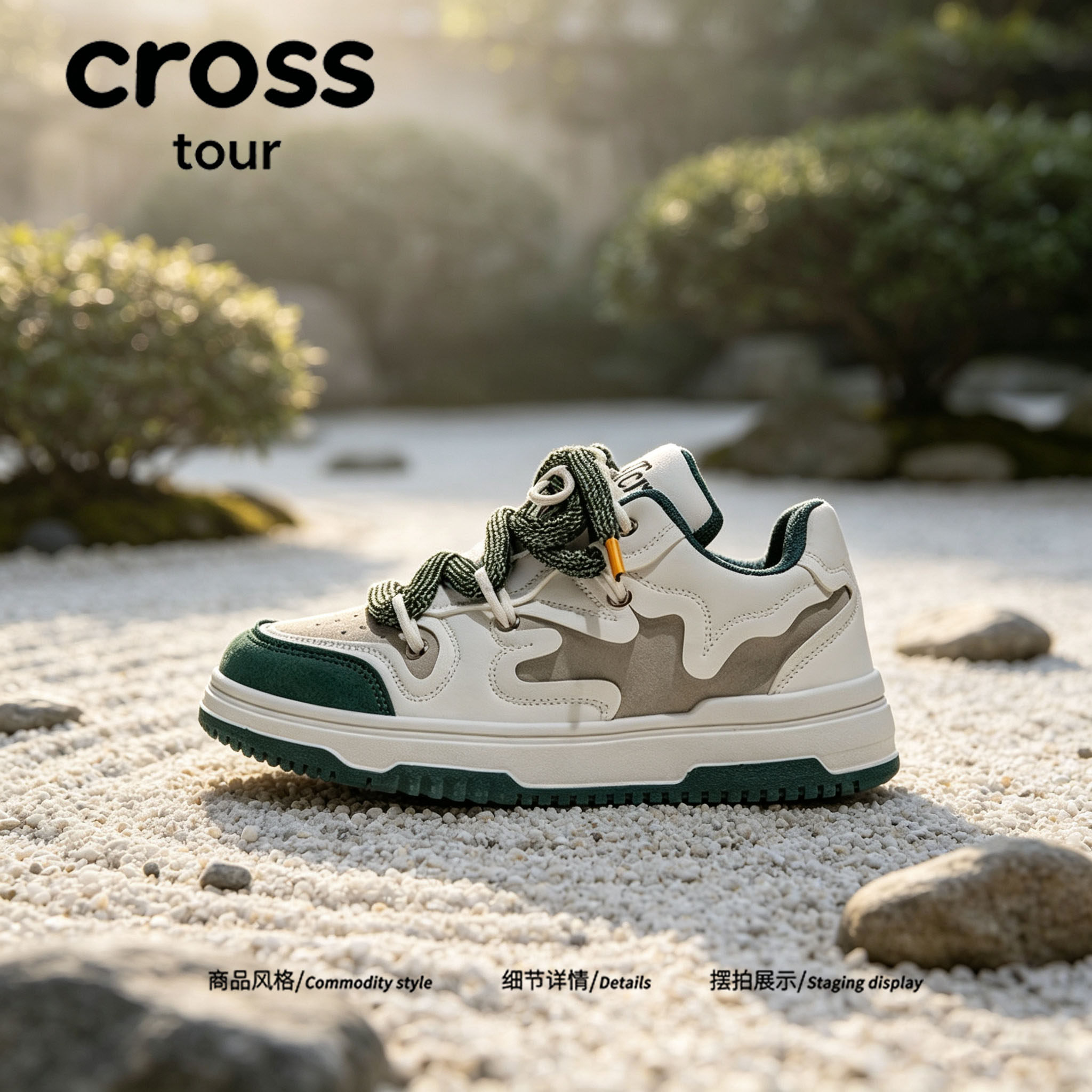 【雅帧蕴秀】Cross tour米白深绿撞色拼接厚软底板鞋透气低帮潮鞋