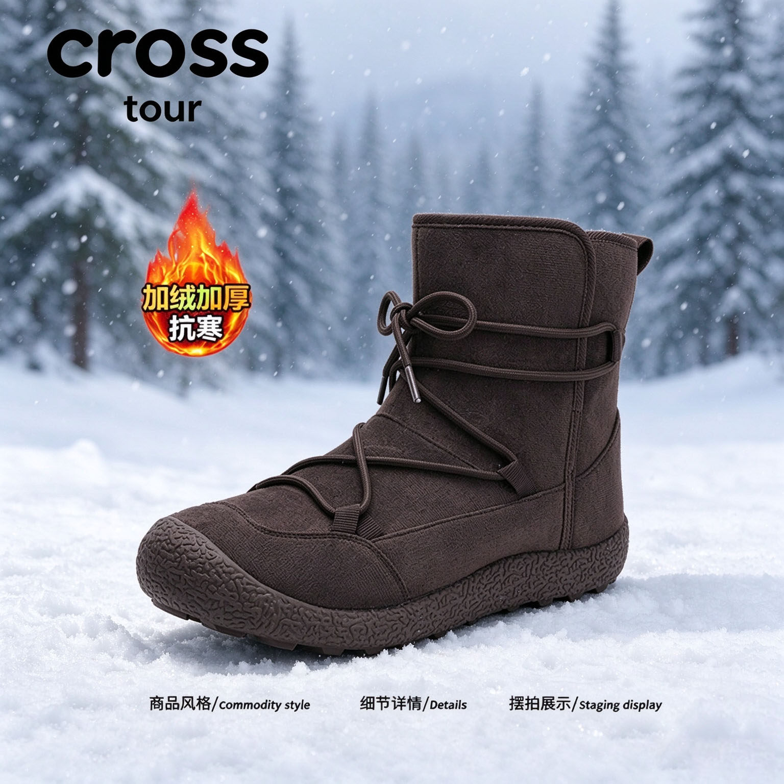 【朴履逸扬】Cross tour户外休闲雪地靴绒面加绒加厚抗寒中筒潮鞋