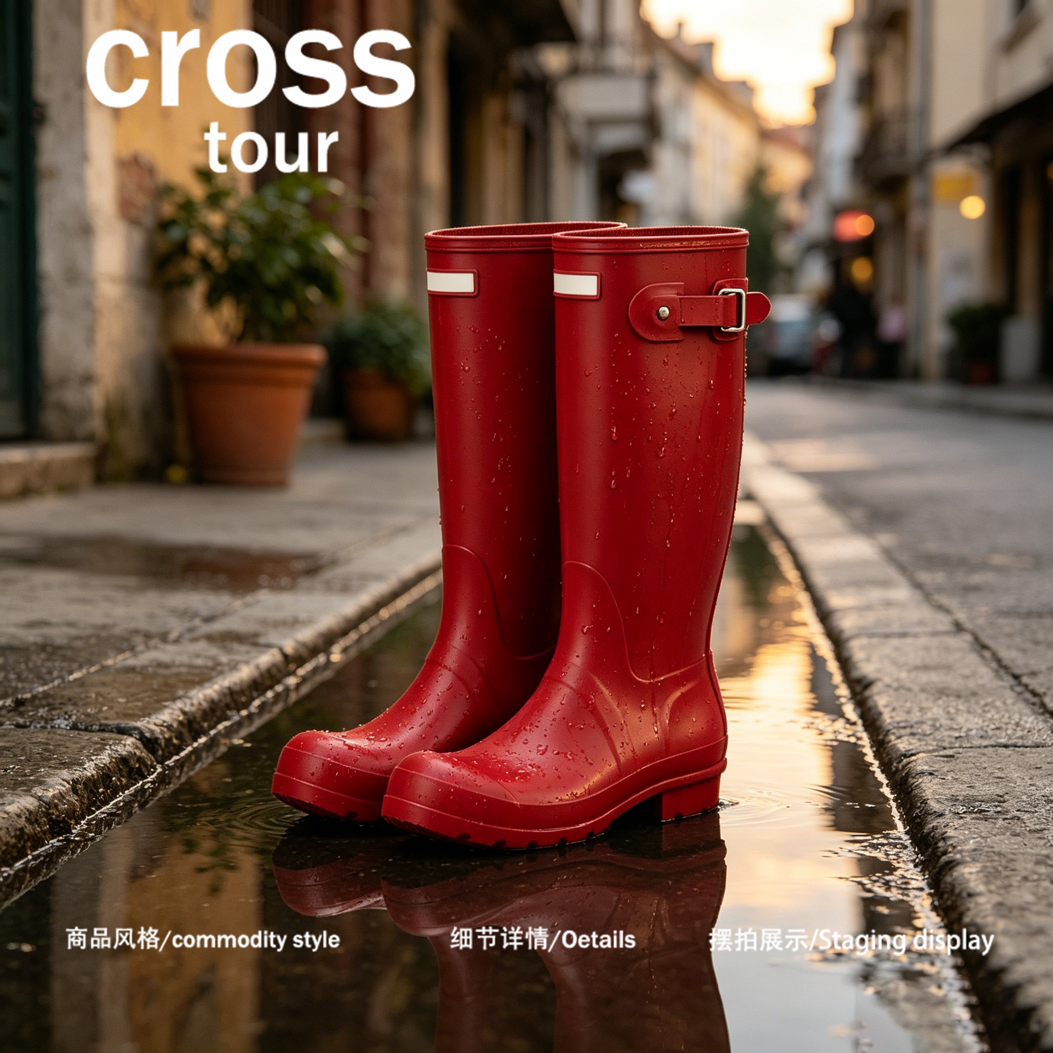 【一城烟雨】Cross tour纯色哑光红高筒橡胶雨靴户外防水长筒雨鞋