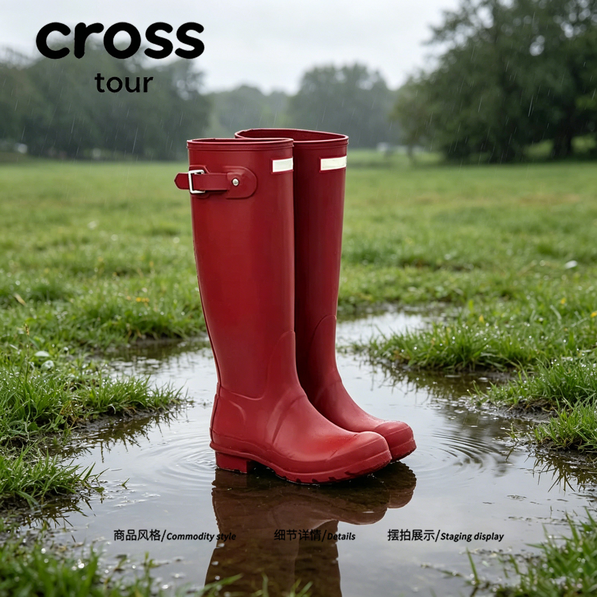 【雨落田间】Cross tour ins风红色高筒雨鞋休闲户外防水耐磨雨靴