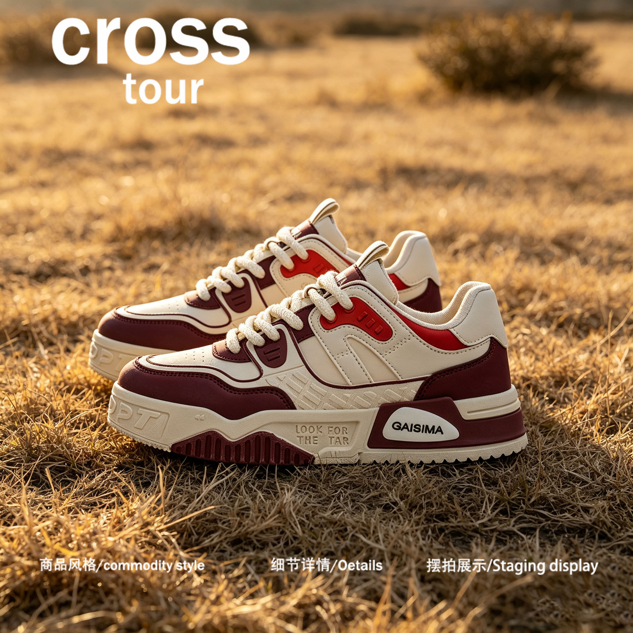 【景韵镌形】Cross tour米白酒红撞色拼接厚底软板鞋耐磨低帮单鞋