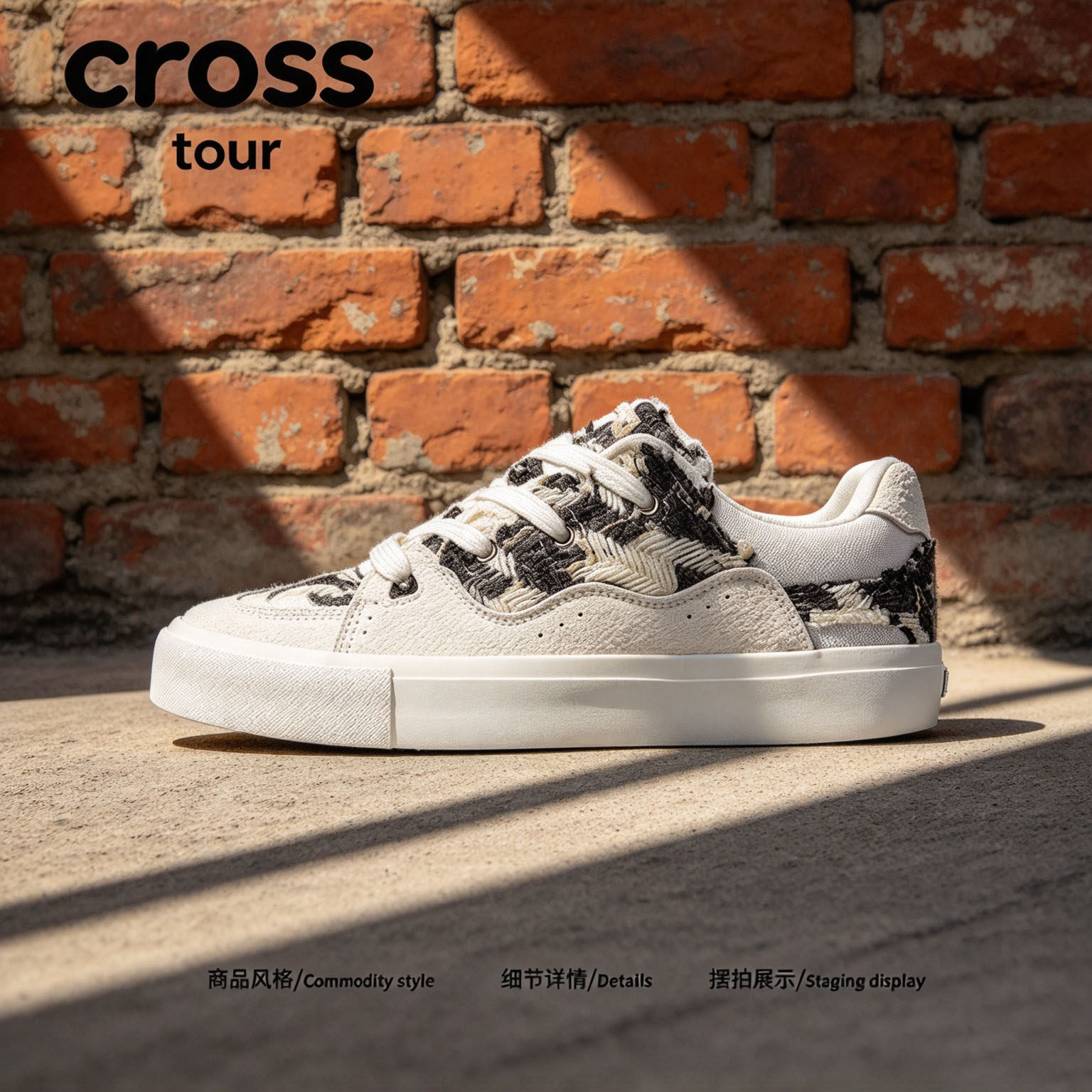 Cross tour米白流苏编织橡胶厚底休闲板鞋翻毛防滑轻耐磨低帮男鞋