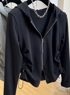 斤大码女装秋季设计感小众抽绳连帽上衣胖卫衣外搭开衫外套