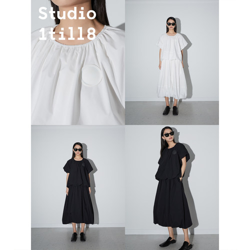 Studio1till8｜黑白双色度假松弛感天丝棉廓形按钮云朵短袖连衣裙