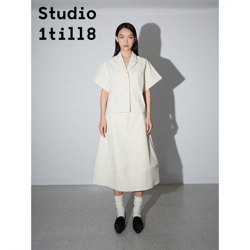 棉质插肩短袖衬衫廓形半裙套装