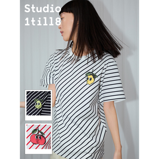 T恤女夏 Studio1till8原创水果印花斜条纹上衣圆领宽松短袖