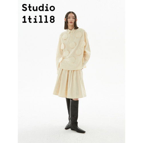 奶油色自然质感复古伞裙半身裙