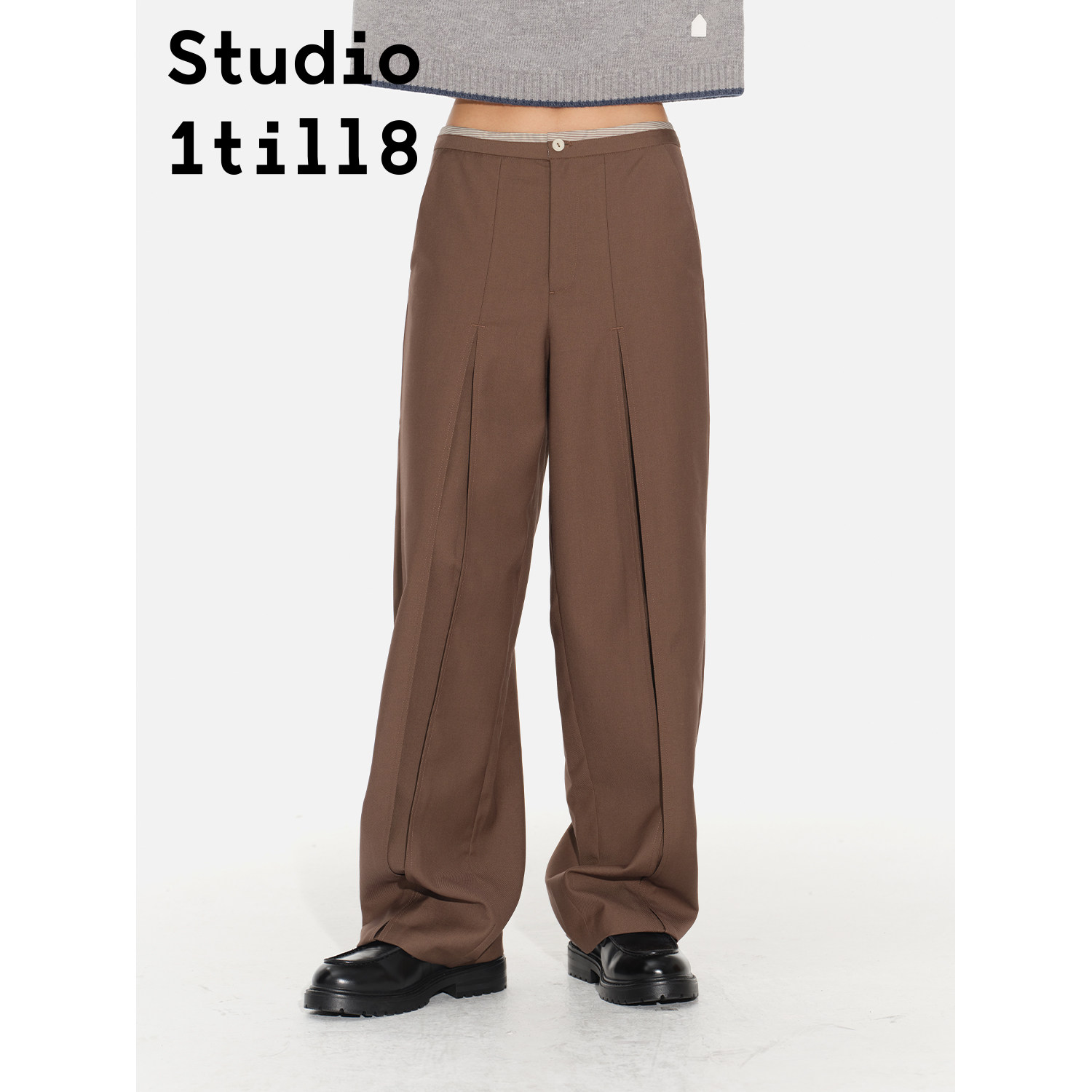 Studio1till8 立体剪裁工字褶西裤咖色自然腰垂感通勤长裤女,女装/女士精品,西装裤/正装裤,淘宝优惠券,粉丝福利购,淘宝优惠卷