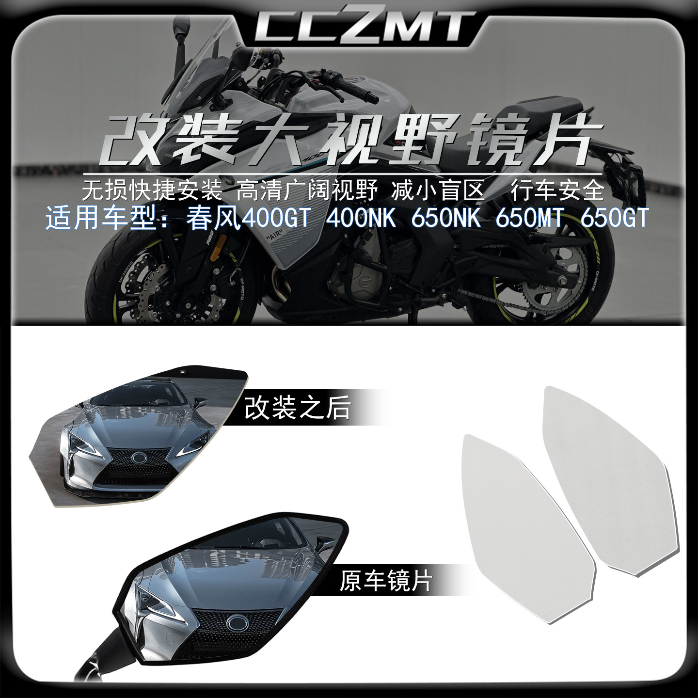 适用春风400GT400NK大视野镜片